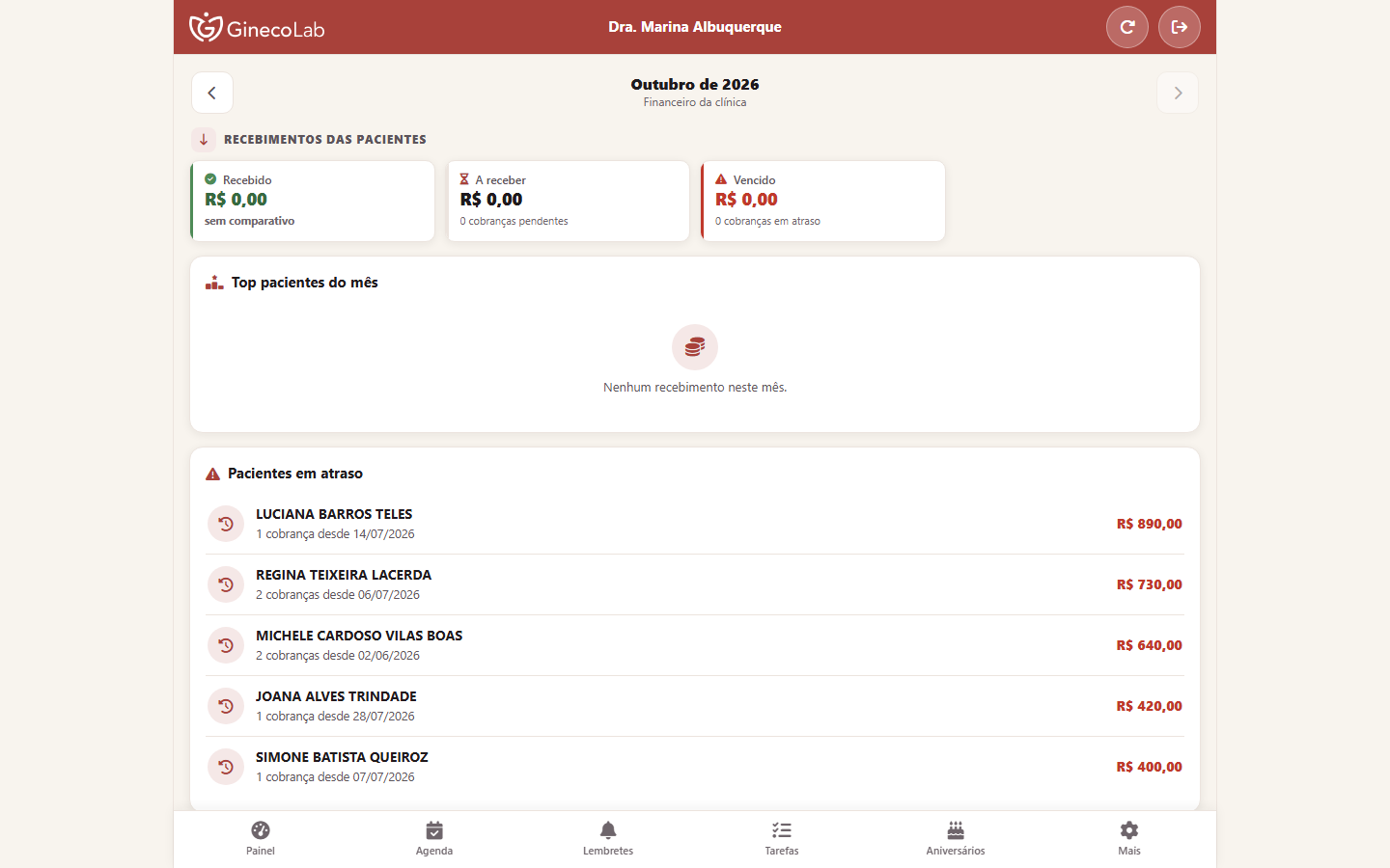 Financeiro do App da Clínica no computador, com recebido, a receber, vencido e as pacientes do mês