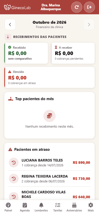 Financeiro do App da Clínica no celular