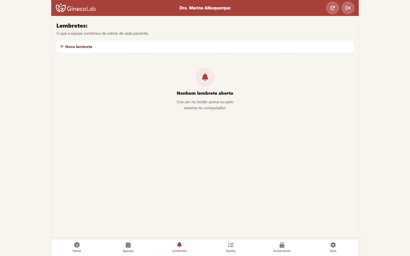 Lembretes da equipe no computador, com os botões WhatsApp e Concluir