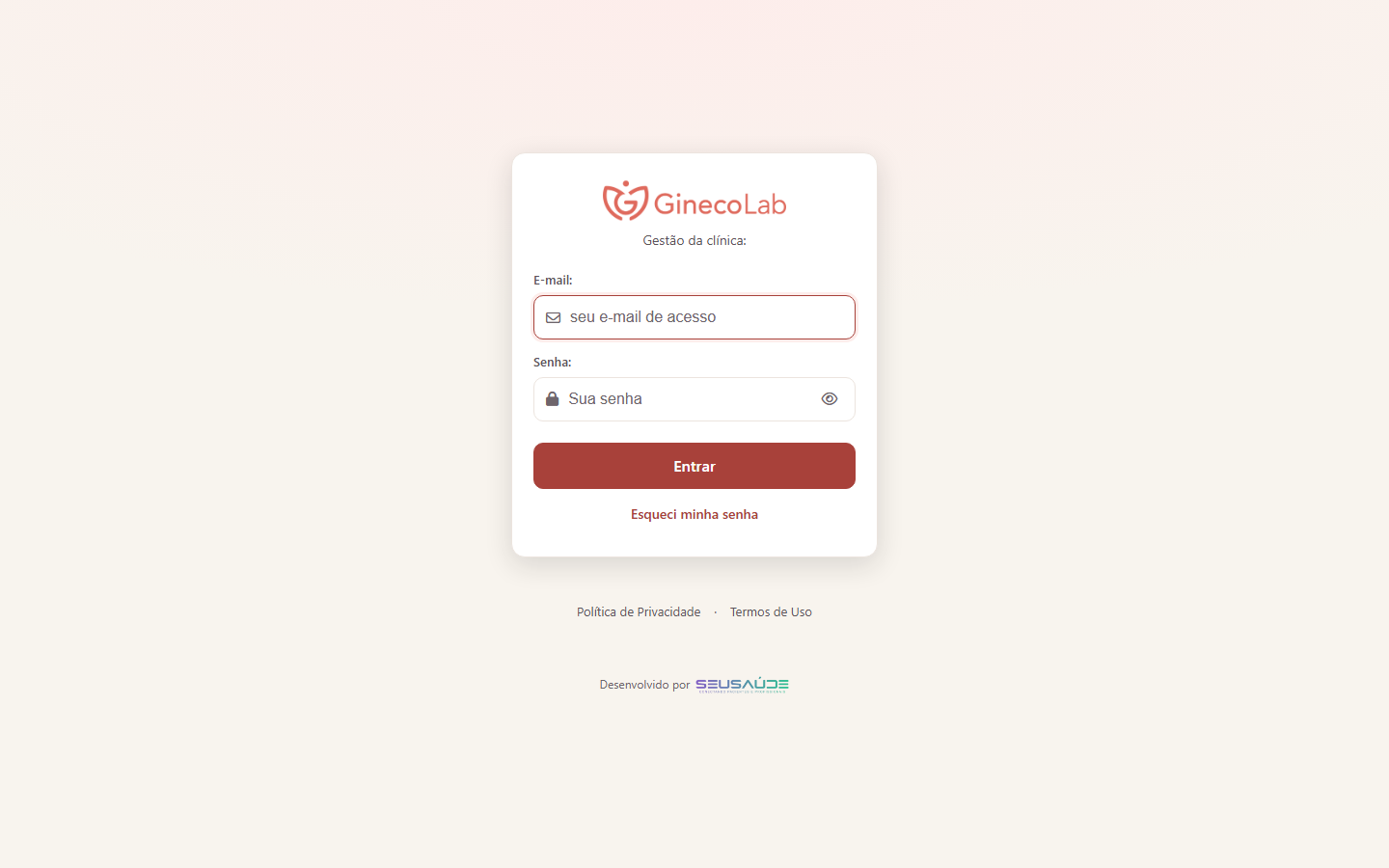 Tela de acesso do App da Clínica no computador, com os campos E-mail e Senha e o botão Entrar