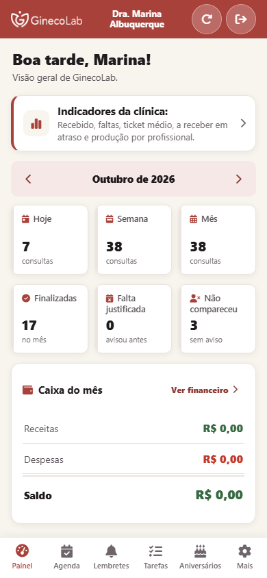 Painel do App da Clínica no celular