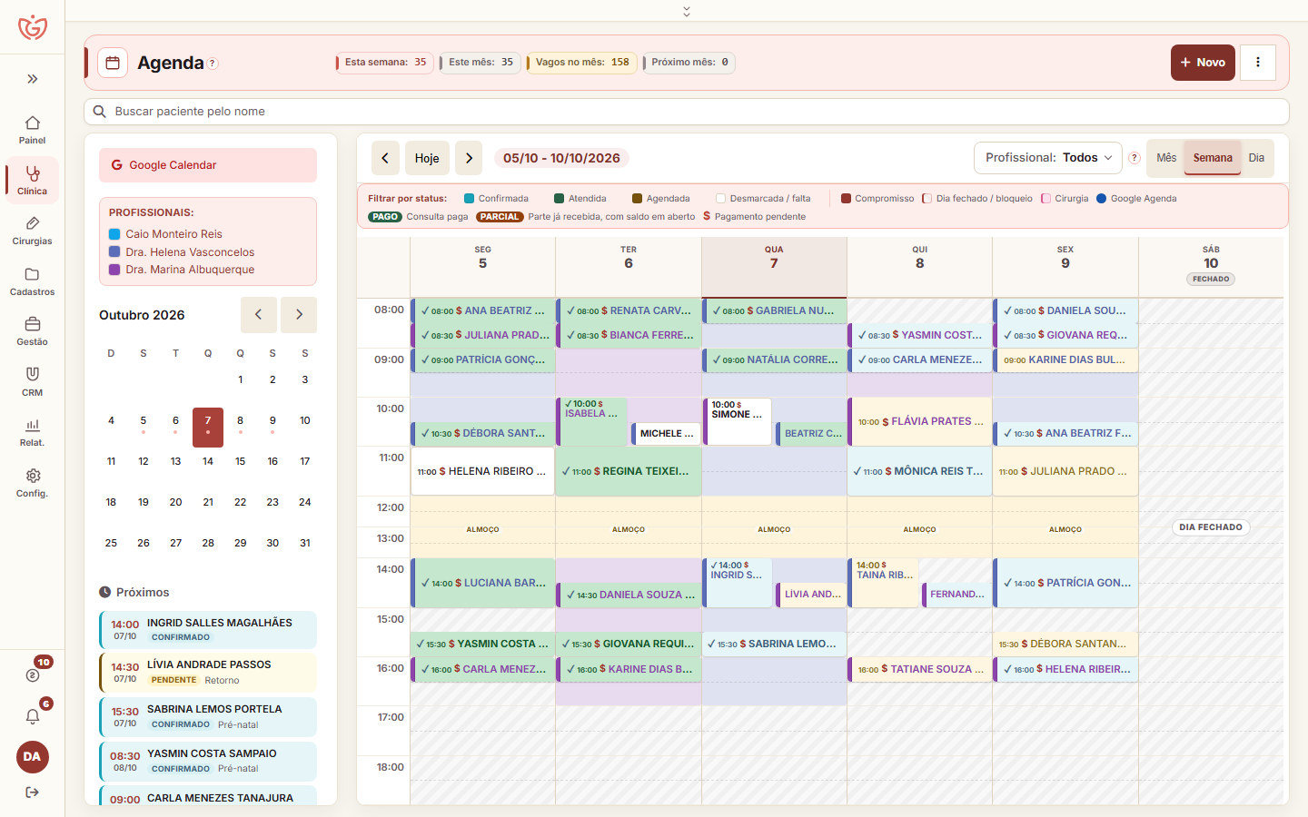 Agenda semanal do ERP GinecoLab no computador, com o status das consultas por cor