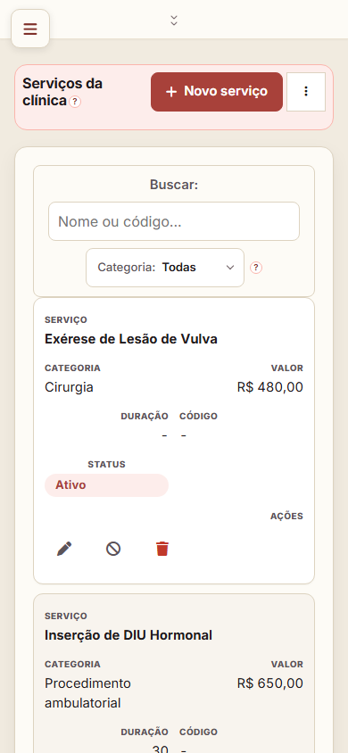 Serviços da clínica no celular