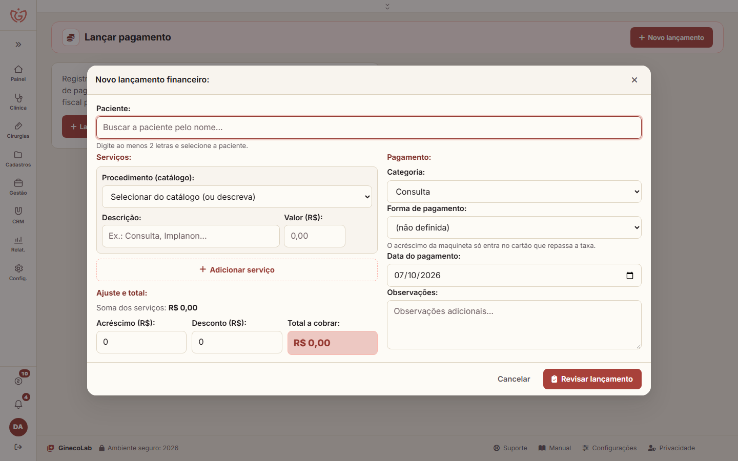 Lançar pagamento no computador, com o formulário Novo lançamento financeiro aberto