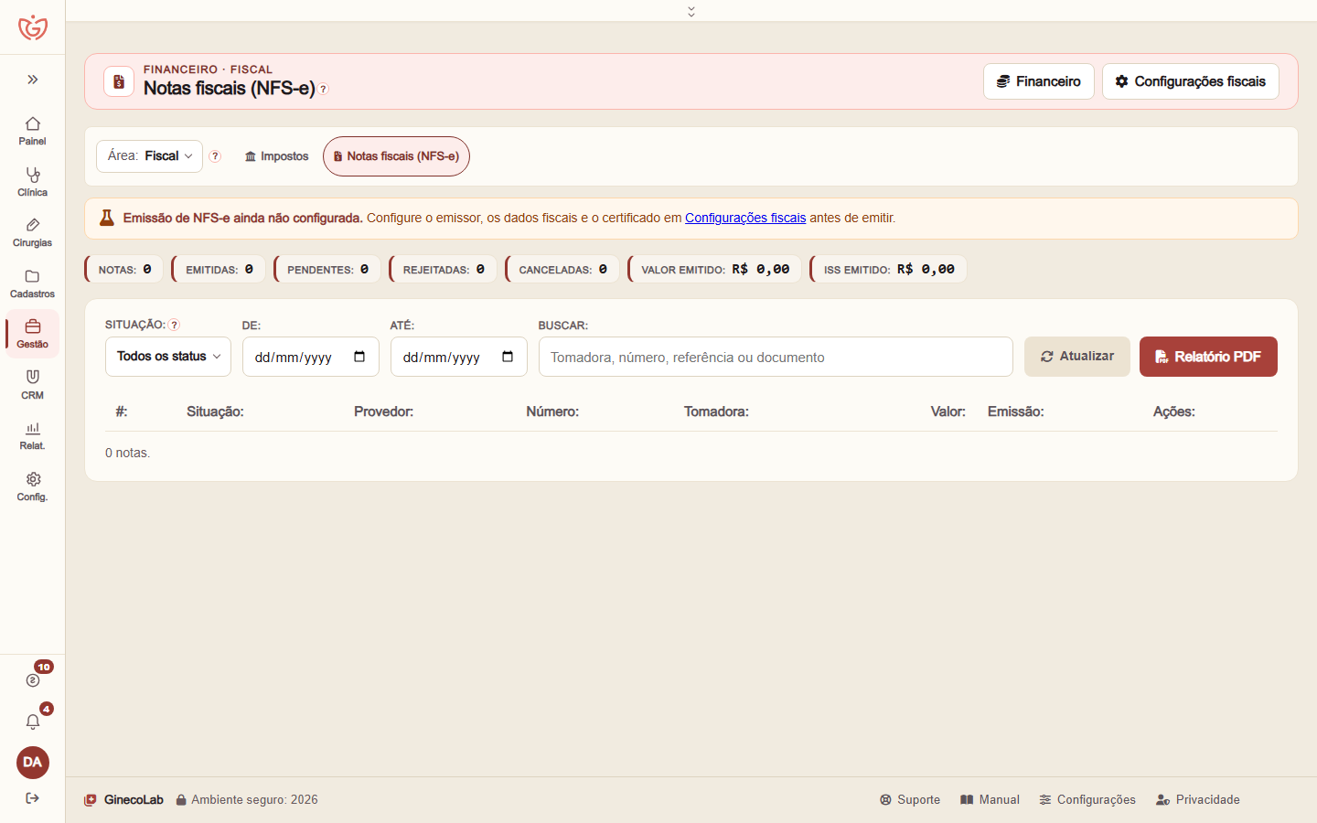 Painel de notas fiscais no computador, com contadores e filtros