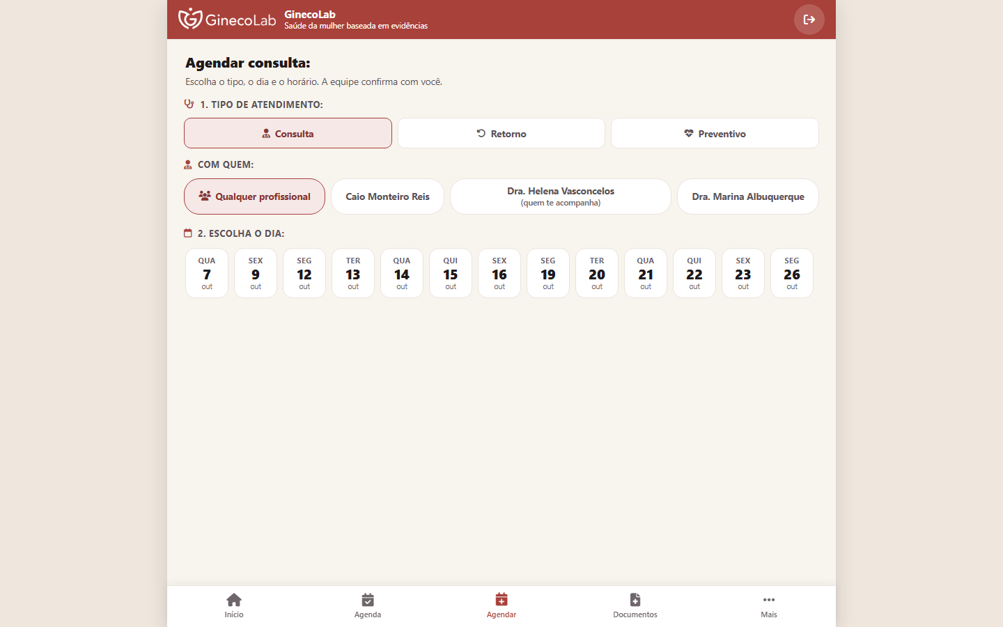 Agendamento no computador, com o tipo de atendimento, a profissional e os dias disponíveis