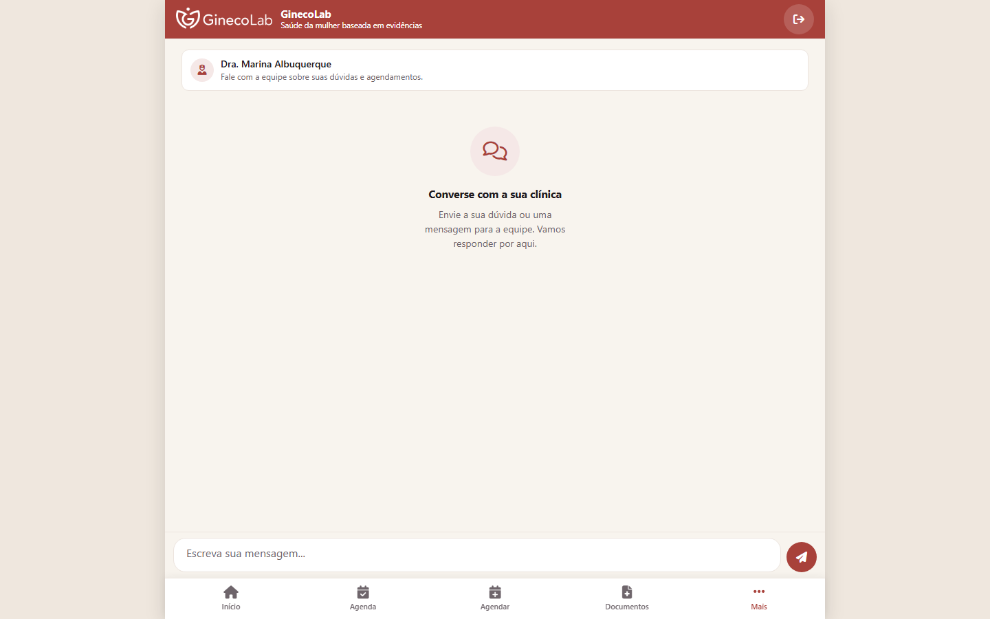 Conversa com a clínica no computador, com o campo de mensagem
