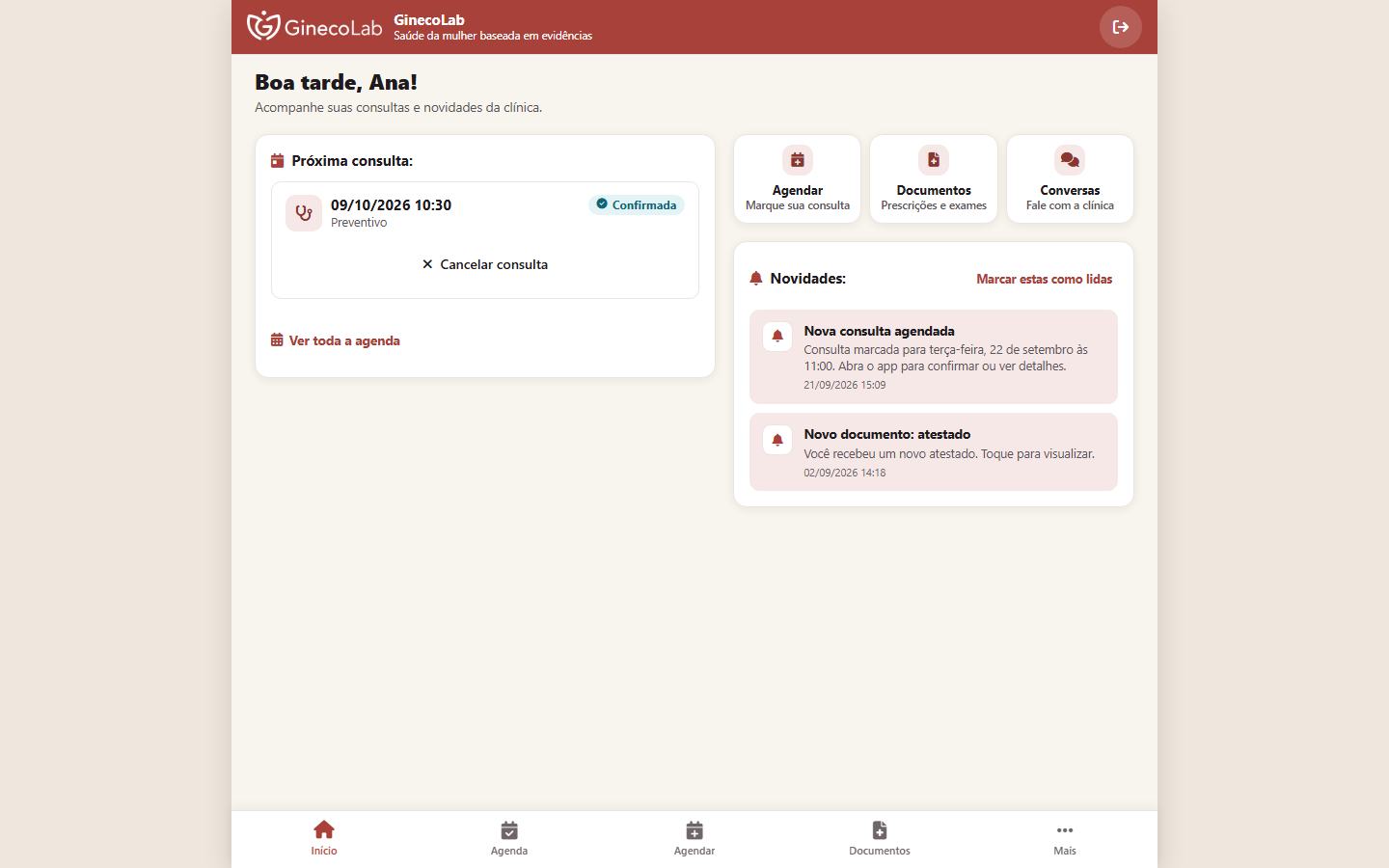 Início do App da Paciente no computador, com os atalhos, a próxima consulta e as novidades