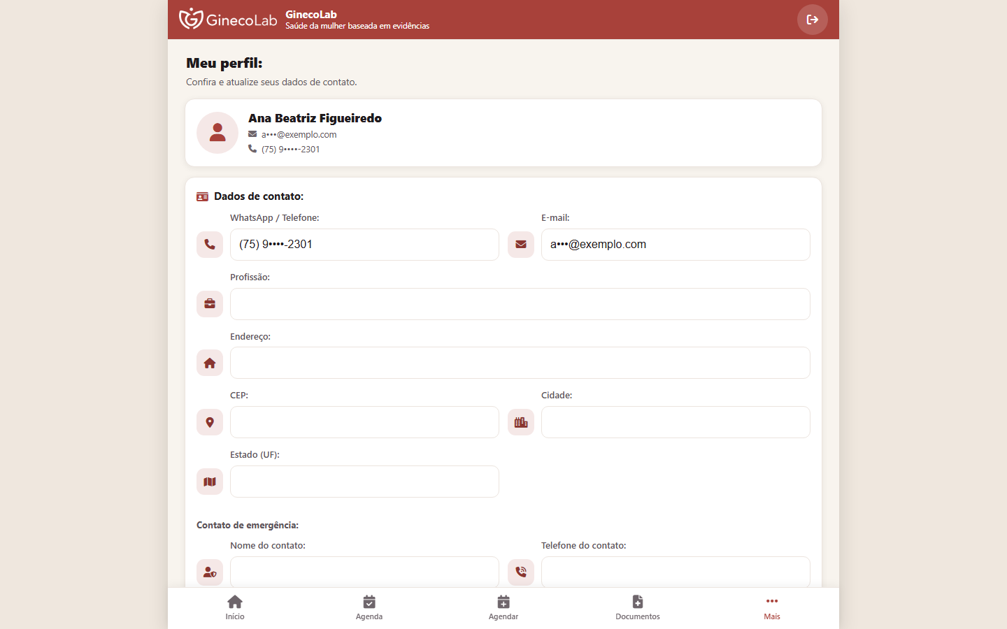 Perfil da paciente no computador, com os dados de contato