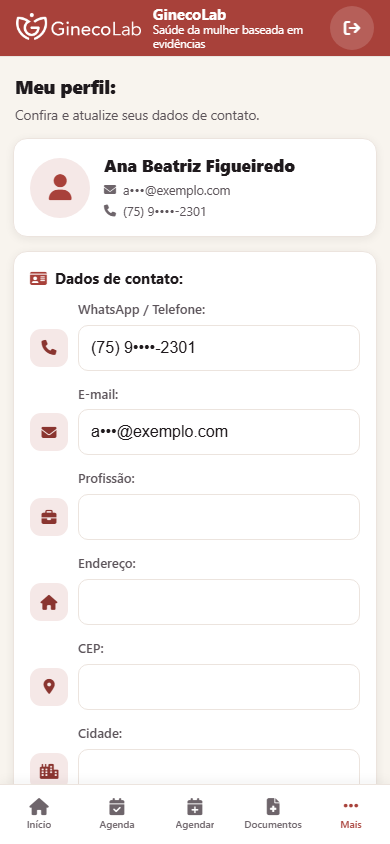 Perfil da paciente no celular