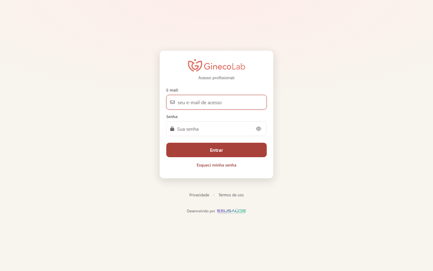 Tela de acesso do App da Profissional no computador, com os campos E-mail e Senha