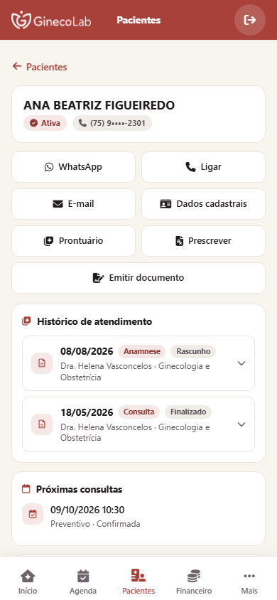 Ficha da paciente no celular