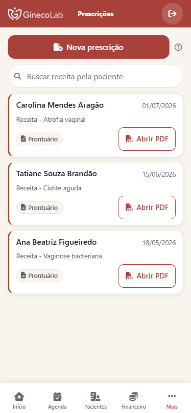 Prescrições do App da Profissional no celular