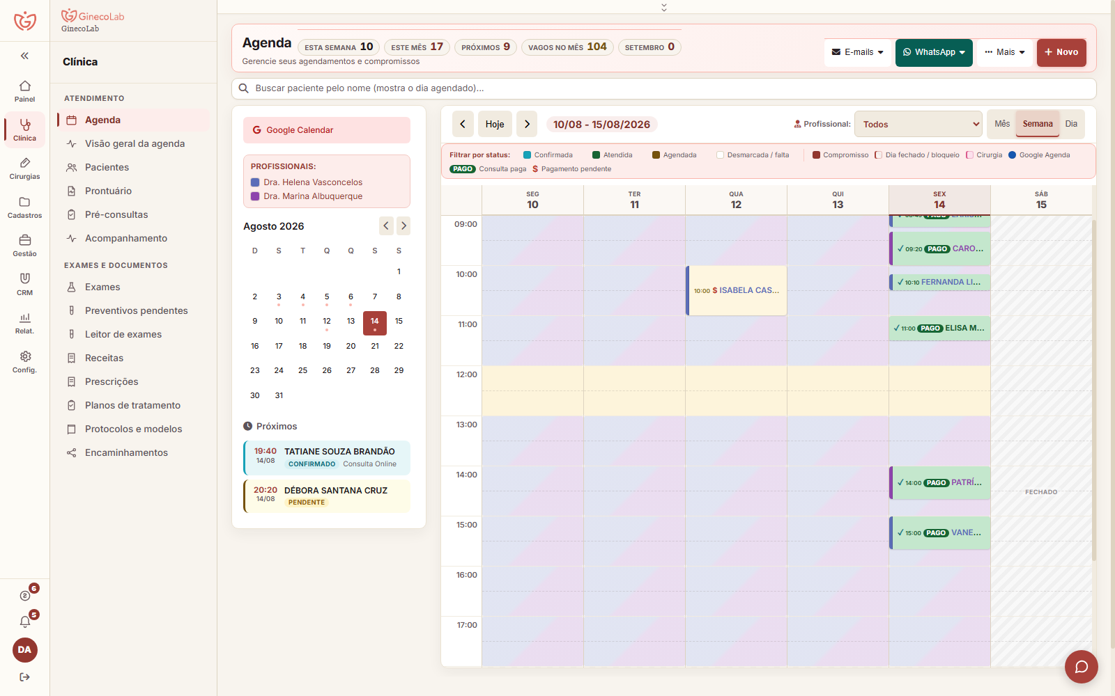 Agenda do GinecoLab por profissional com confirmação por WhatsApp