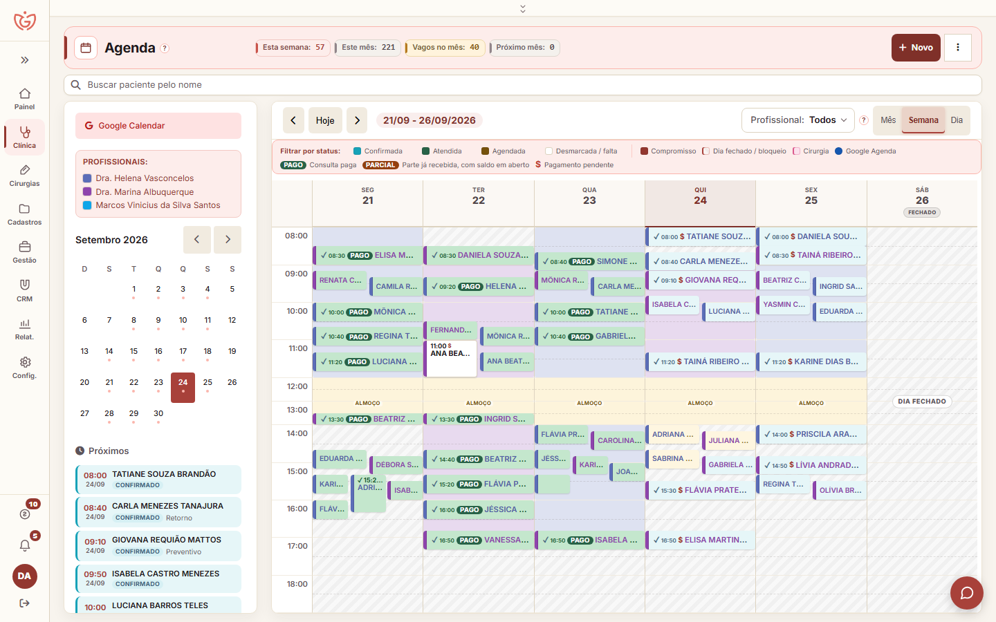Agenda semanal do GinecoLab com consultas por profissional, status e pagamento