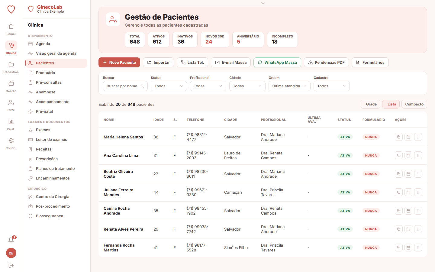 Lista de pacientes da clínica no GinecoLab